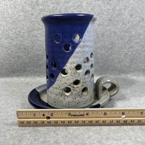 Pottery Candlestick Holder With Luminary Votive Shade Stoneware Blue Glaze 2 Pc - Picture 12 of 14